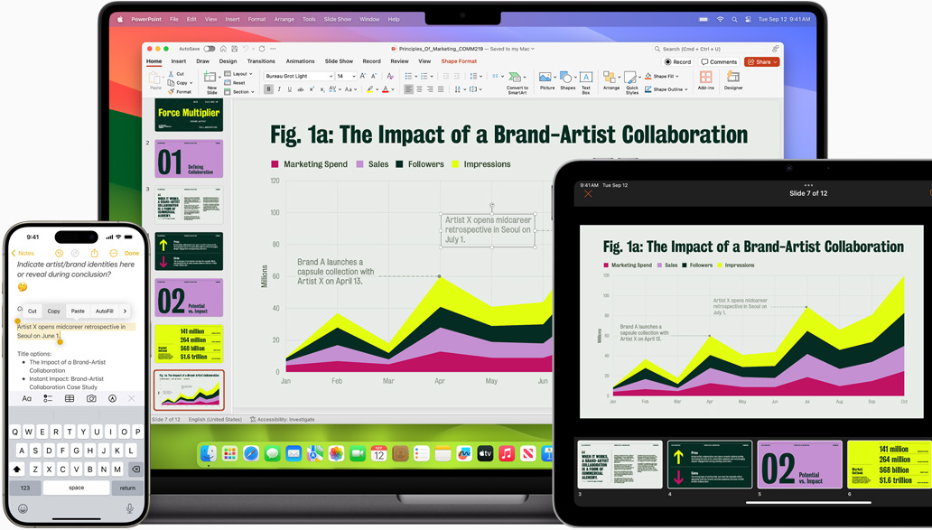 Notes and Microsoft PowerPoint shown on iPhone, MacBook, and iPad
