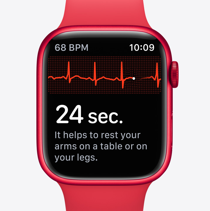 An Apple Watch Series 9 showing the ECG app taking a reading.