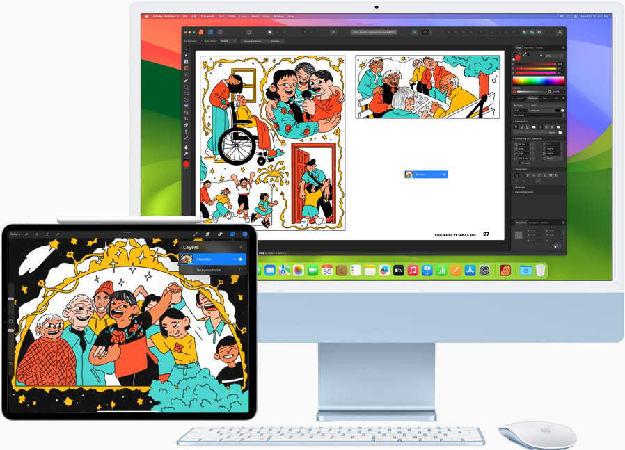 Um iPad Pro de 12,9 polegadas e um iMac exibem um projeto criativo. O projeto principal é feito no iMac, e o iPad é usado como uma segunda tela.