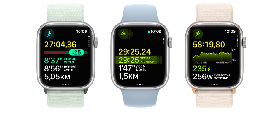 Image montrant trois Apple Watch. Chacune affiche des données et des vues d’entraînement différentes.