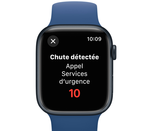 Vue avant d’une Apple Watch affichant un message annonçant que les services d’urgence seront contactés dans un délai de 10 secondes.