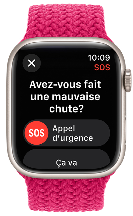 Vue avant d’une Apple Watch affichant la fonctionnalité SOS activée.