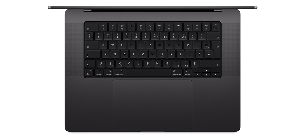 Vue du dessus de MacBook Pro montrant le Magic Keyboard avec Touch ID et pavé tactile