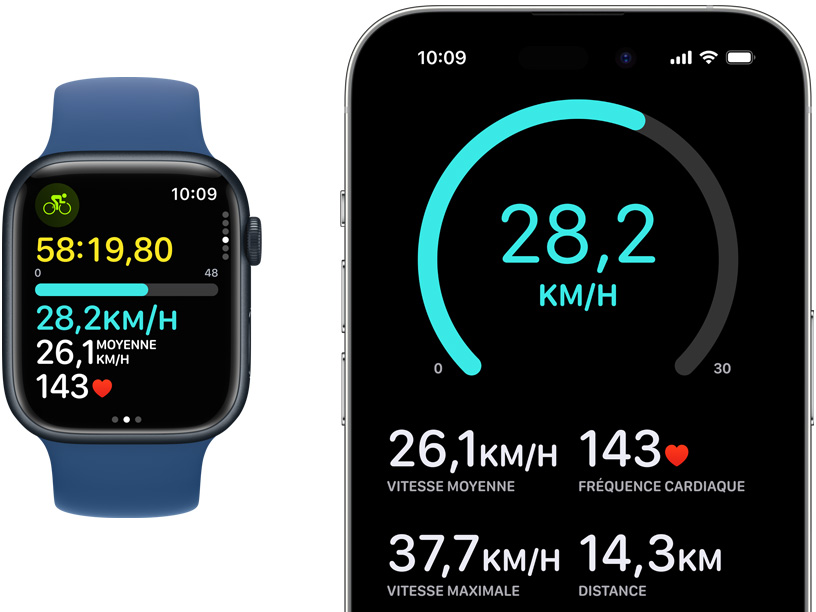 Une Apple Watch et un iPhone affichant des données d’entraînement à vélo en temps réel
