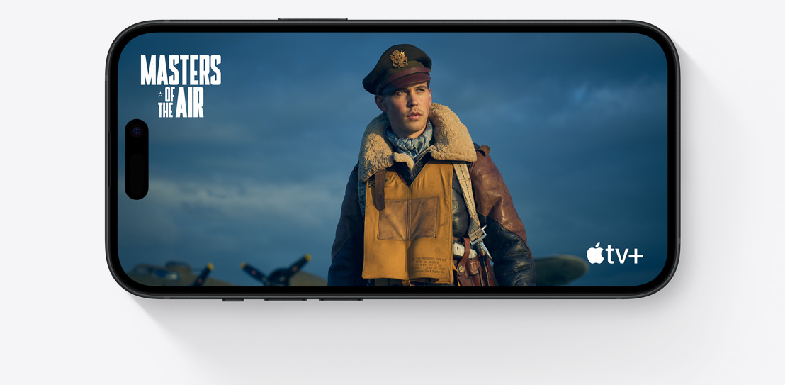 iPhone 15 v orientaci na šířku se zobrazenou scénou z hitového seriálu Apple TV+ Vládcové nebes.