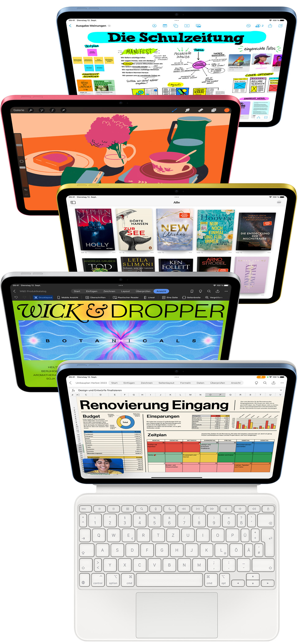 Vorderansicht von iPad Displays zeigt verschiedene Apple Apps und App Store Apps.