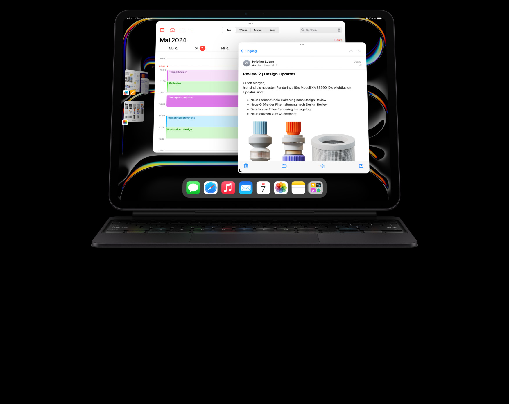 Ein iPad Pro ist im Querformat am Magic Keyboard befestigt, auf dem Multitasking mit mehreren offenen Apps gezeigt wird