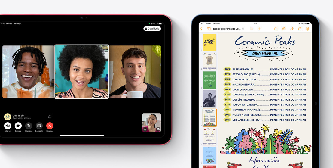 Imagen de dos iPad. En uno se muestra una videollamada FaceTime y en el otro la app Pages.