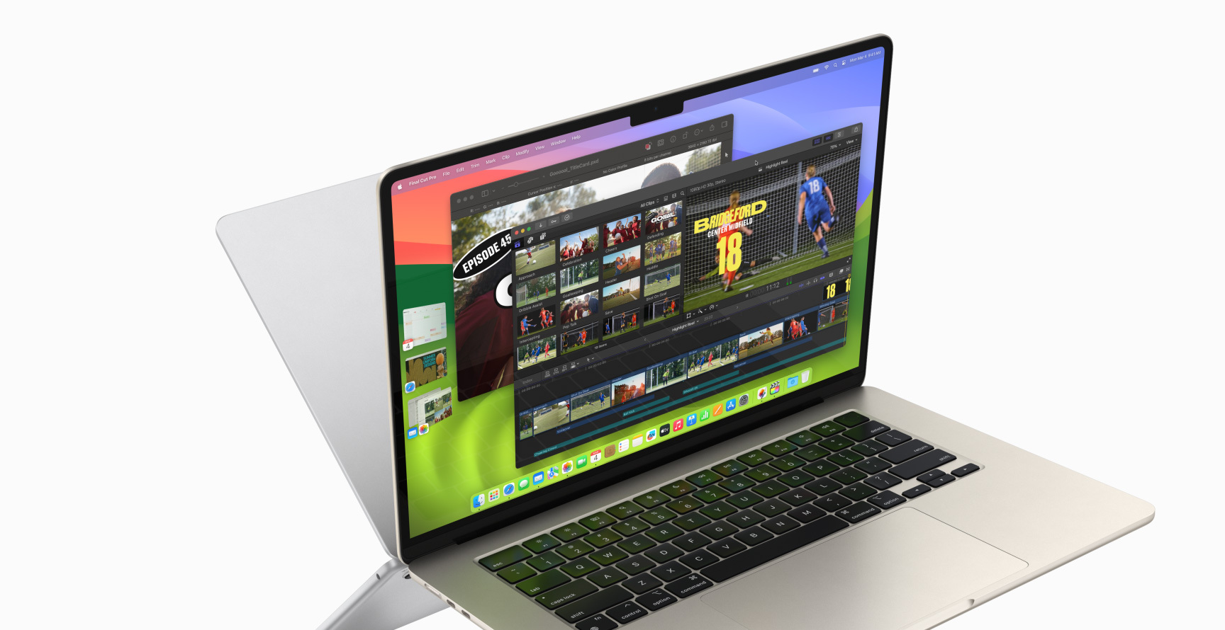Un MacBook Air abierto muestra Final Cut Pro y Pixelmator Pro, con las apps Calendario, Safari, Mail y Fotos a la izquierda. La parte trasera de un segundo MacBook Pro aparece detrás del primero a modo de espejo.