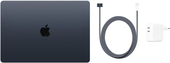 MacBook Air 15 tum, usb‑c till MagSafe 3-kabel och kompakt 35 W usb‑c-strömadapter med två portar
