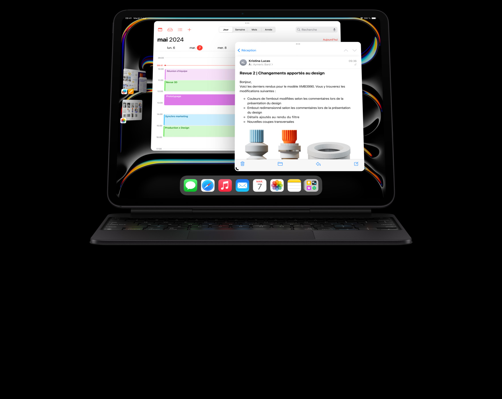 iPad Pro fixé à un Magic Keyboard en mode paysage, la personne utilisatrice utilise plusieurs apps à la fois