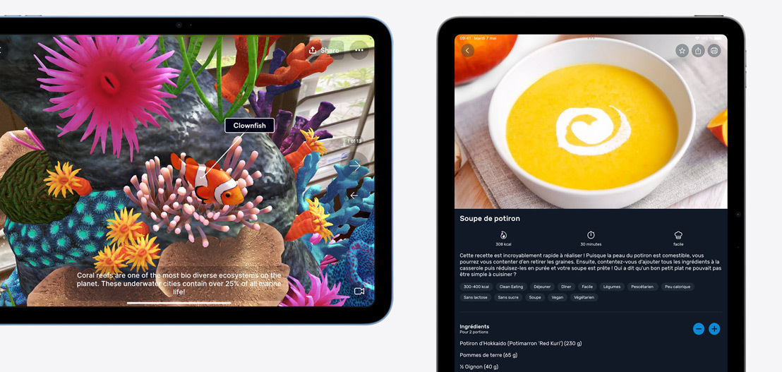 Un iPad et un iPad Air affichant les apps Jigspace et Kitchen Stories.