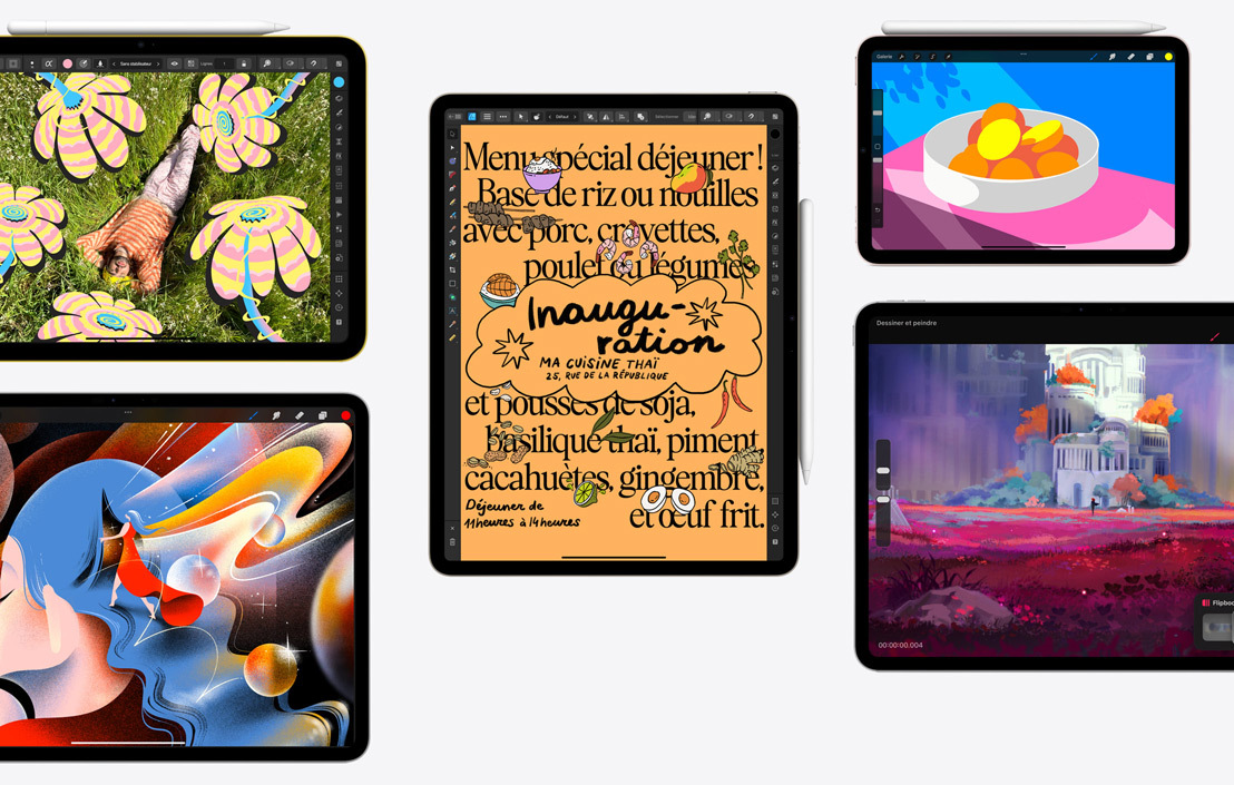 Une collection de cinq iPad différents mettant en avant différentes apps, dont Affinity Photo 2, Procreate, Affinity Designer 2 et Procreate Dreams.