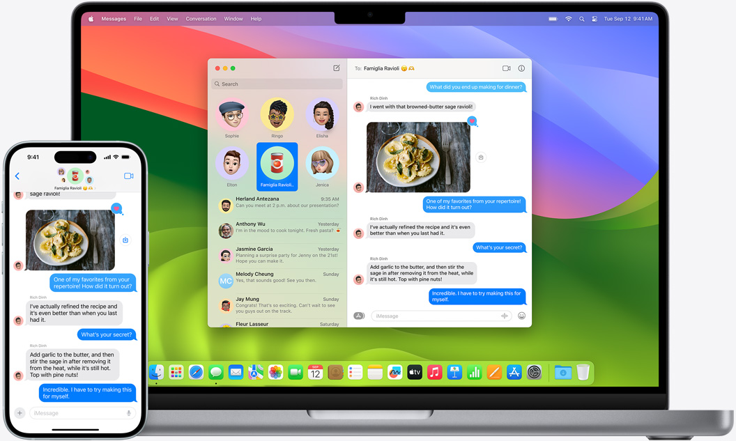 Ένα iPhone και ένα MacBook εμφανίζουν την ίδια συζήτηση iMessage.