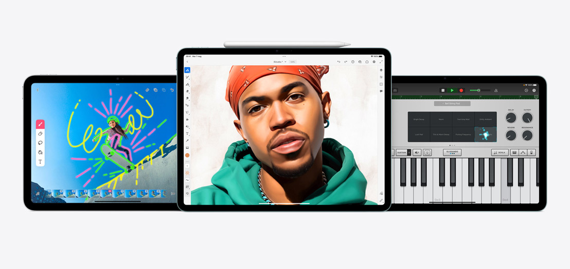 Un iPad e due iPad Air che mostrano le app FlipaClip, Adobe Fresco e GarageBand.