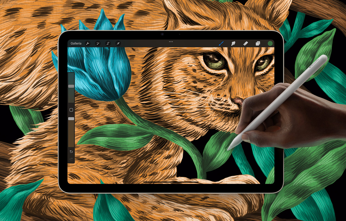 Un iPad che mostra un disegno nell’app Procreate; il disegno supera i bordi dell’iPad ricoprendo tutto lo sfondo.