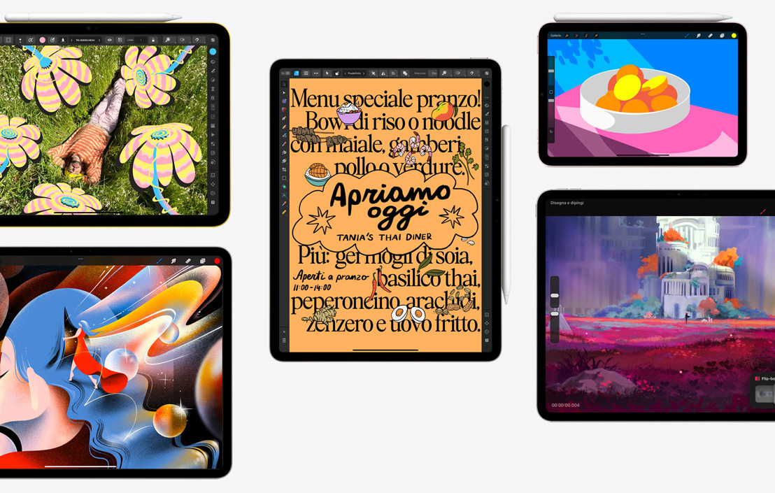 Cinque iPad che mostrano varie app, tra cui Affinity Photo 2, Procreate, Affinity Designer 2 e Procreate Dreams.