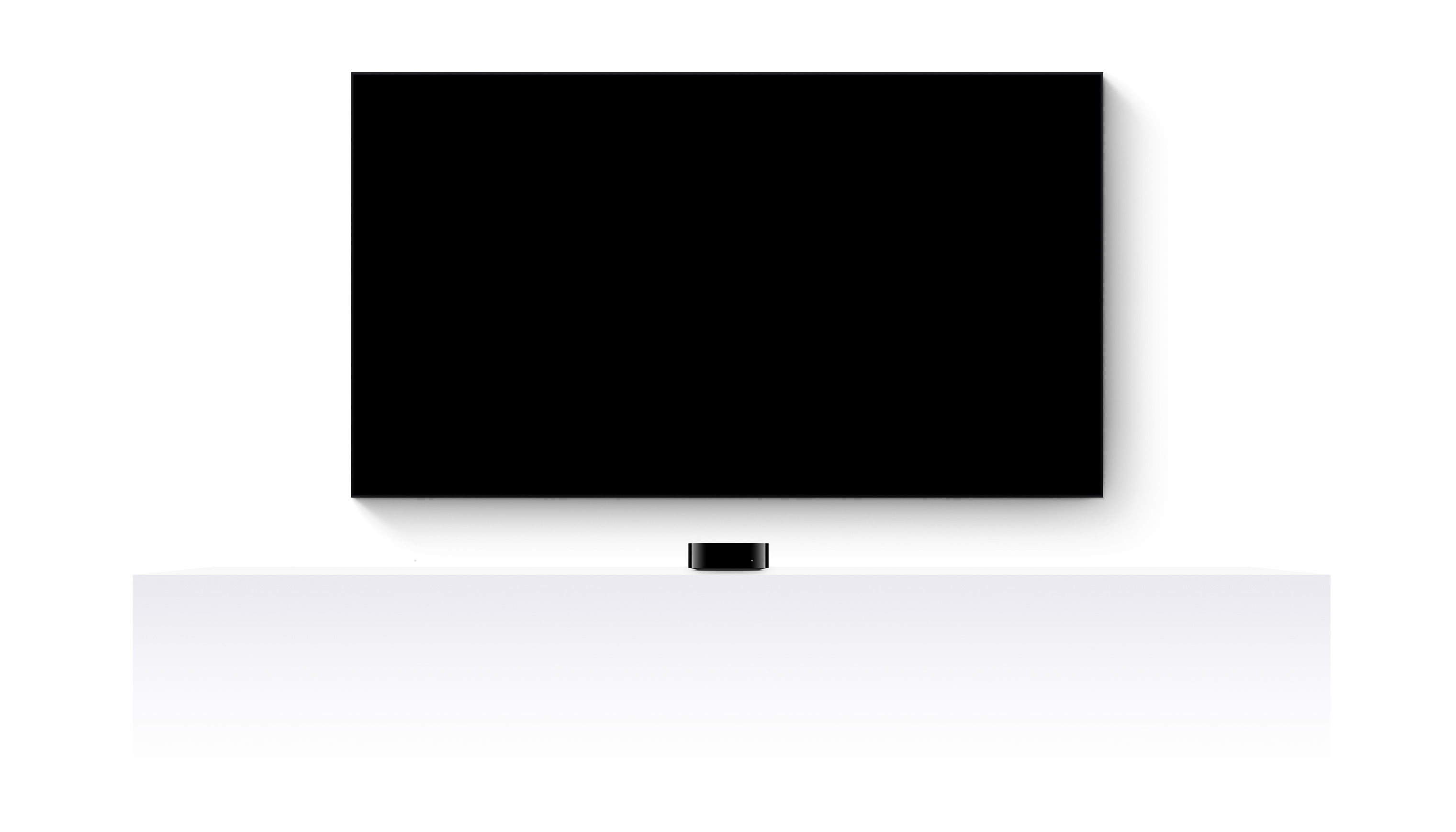 Apple TV 4K와 평면 TV를 통해 다양한 Apple TV+ 영화 및 프로그램들의 편집된 예고편을 보여주는 이미지