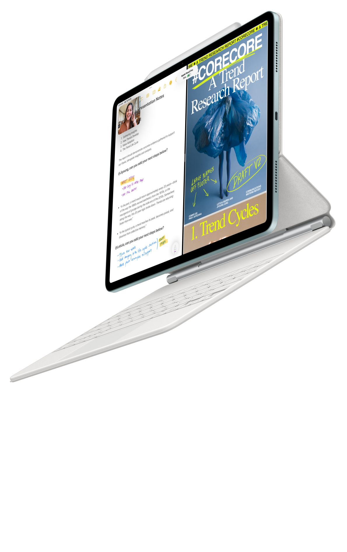Magic Keyboard 및 Apple Pencil Pro와 연결된 iPad Air
