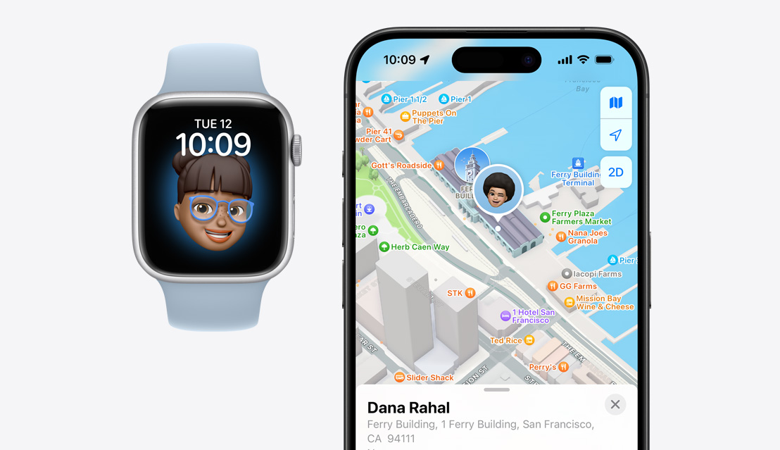 An Apple Watch Series 9 with a child's face on it next to an iPhone 15 Pro showing the child's location on the Find My app.
