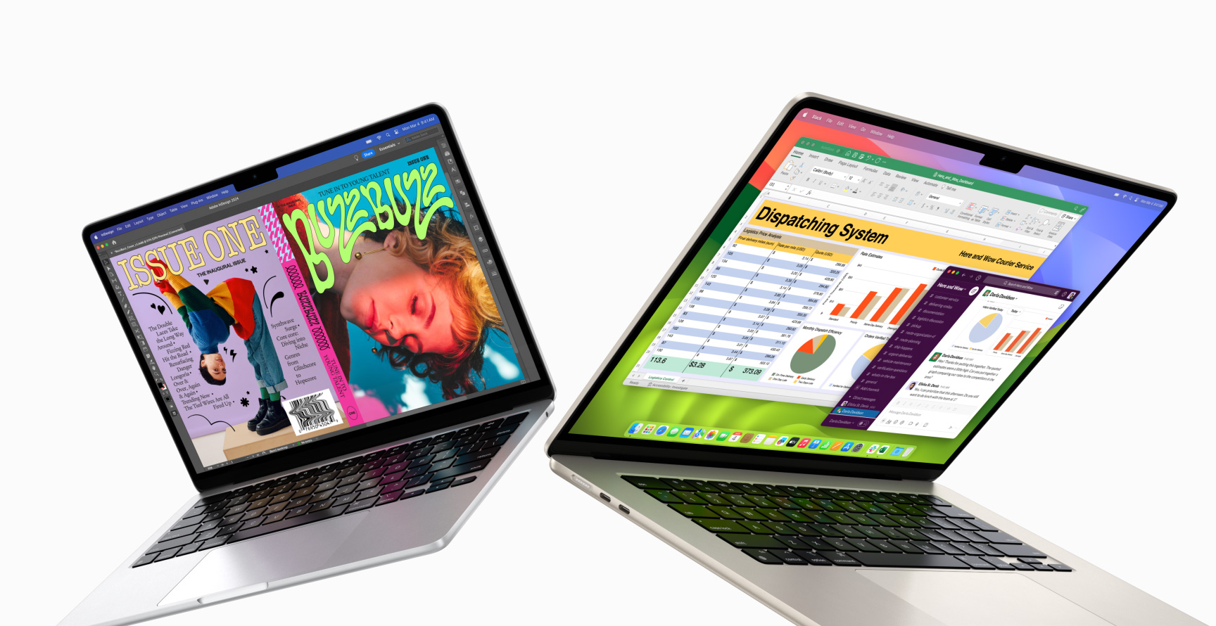 Una MacBook Air de 13 pulgadas del lado izquierdo y una MacBook Air de 15 pulgadas del lado derecho, ambas parcialmente abiertas. La pantalla de 13 pulgadas muestra la cubierta colorida de una revista creada con In Design. La pantalla de 15 pulgadas muestra Microsoft Excel y Slack abiertos.