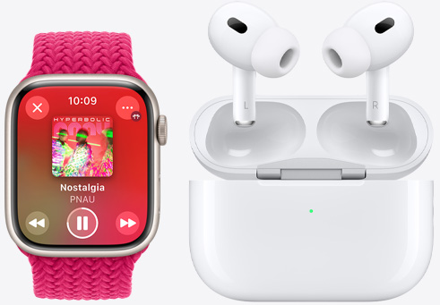 Apple Watch Series 9 playing a song next to AirPods Pro.