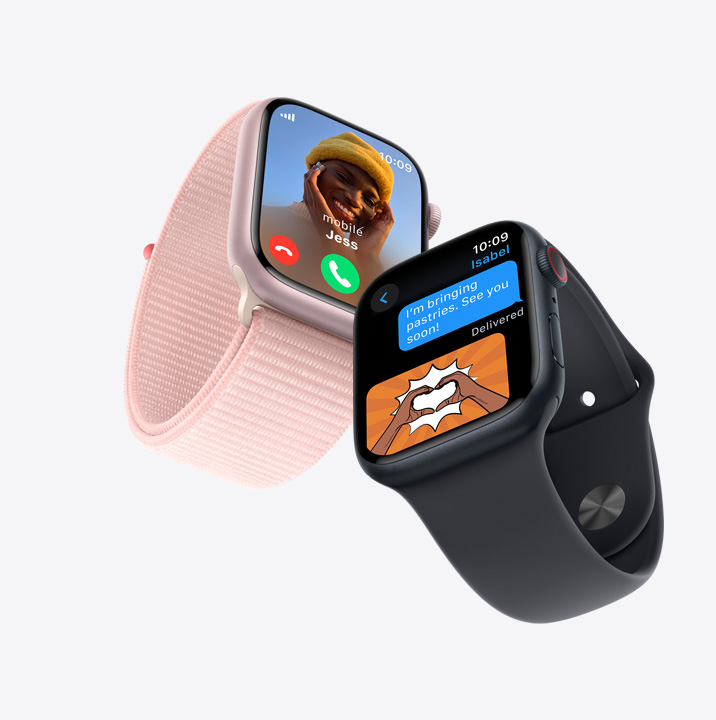 Two Apple Watch Series 9. The first has an incoming call. The second shows a text message conversation.