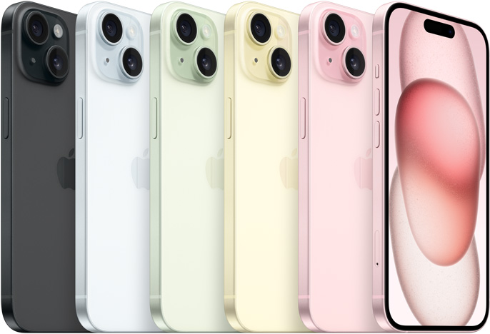 Tył iPhone’a w 5 kolorach – czarnym, niebieskim, zielonym, żółtym i różowym – oraz przód iPhone’a 15 w kolorze różowym