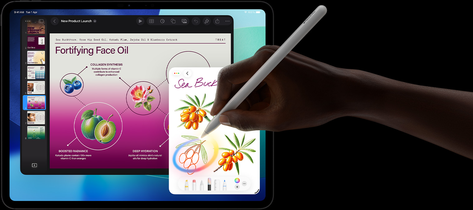 iPad Pro, front exterior display with dark blue and green gradient background with multiple apps open, hand holding Apple Pencil Pro circling a sketch showing Apple Intelligence Image Wand feature