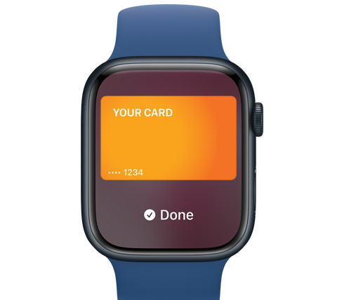 Predný pohľad na Apple Watch. Niekto uskutočnil platbu cez Apple Pay.