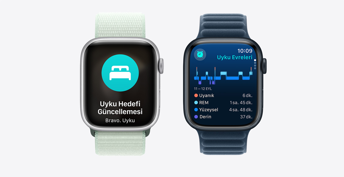 İki adet Apple Watch Series 9. İlkinde bir kişinin uyku hedefine ulaştığı gösteriliyor. İkincide de Uyku Evreleri verisi gösteriliyor.