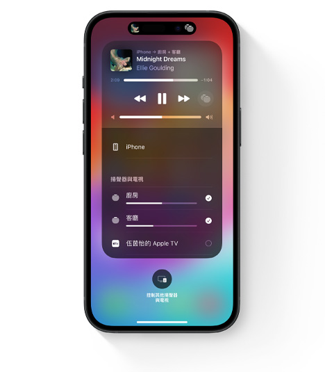 iPhone 螢幕顯示在多個房間播放音訊的 AirPlay 使用者介面。