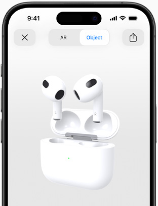 Ekran na kojem se slušalice AirPods (3. generacije) prikazuju u AR-u na iPhoneu.