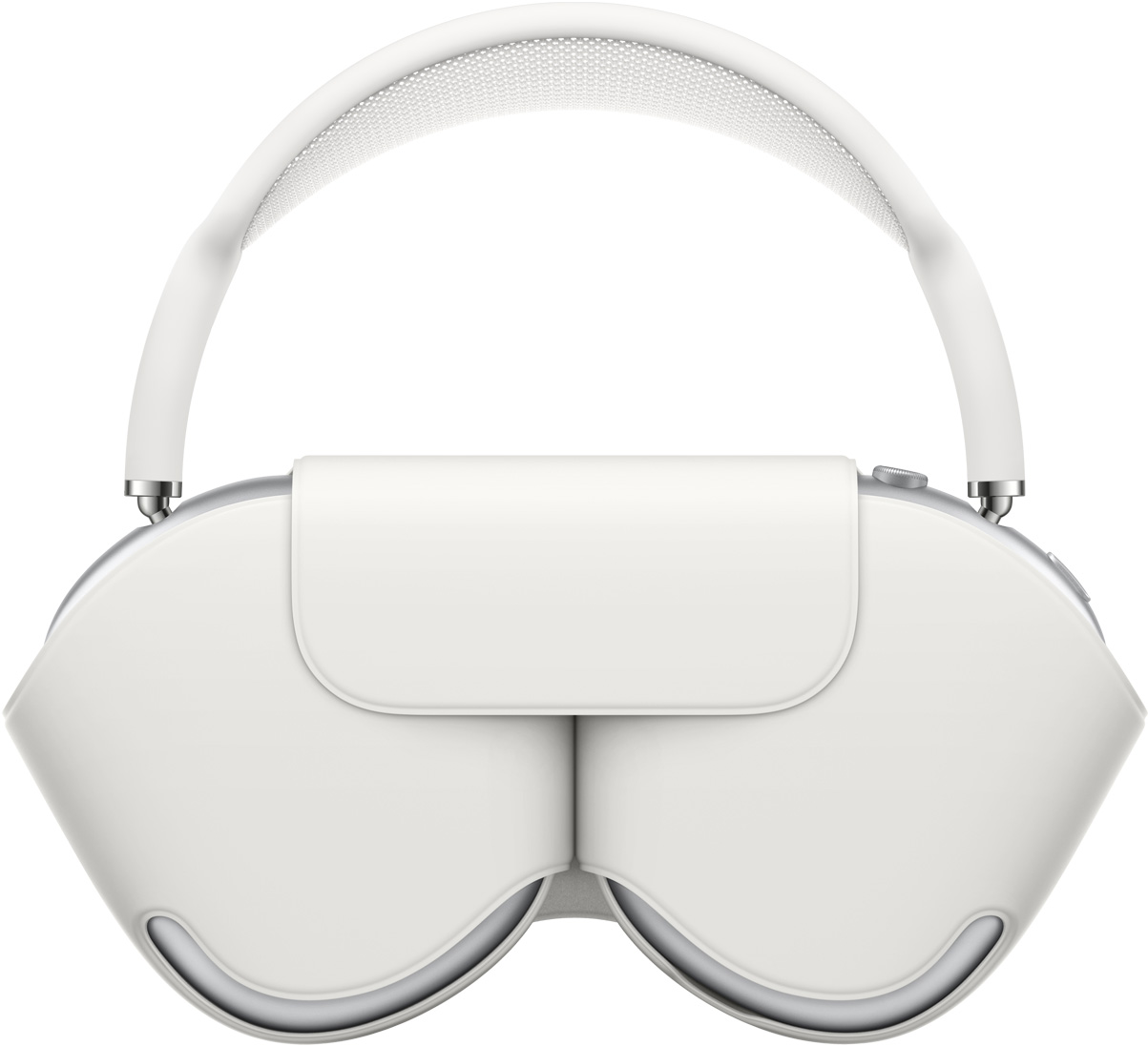 AirPods Max i sølv med matchende hvid Smart Case, der beskytter ørekopperne. Bøjlen stikker ud af etuiet, når hovedtelefonerne opbevares.