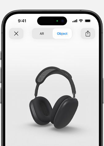 Εικόνα που δείχνει AirPods Max σε Διαστημικό Γκρι χρώμα σε οθόνη Επαυξημένης Πραγματικότητας στο iPhone.