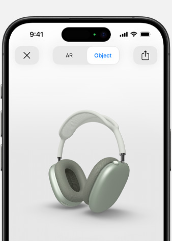Žalių „AirPods Max“ „iPhone“ papildytosios realybės ekrane vaizdas.