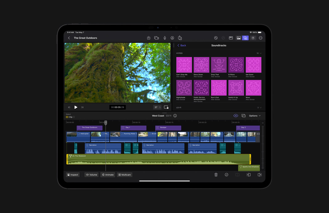 Primer plano de la línea de tiempo de audio en Final Cut Pro para el iPad en un iPad Pro
