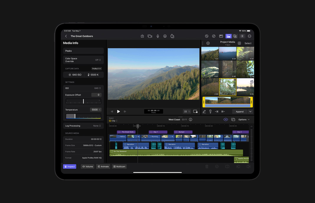 Pantalla de información multimedia para metraje ProRes RAW con datos de imagen en Final Cut Pro para el iPad en un iPad Pro.
