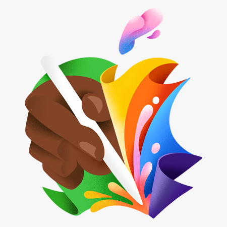 Curved paper in green, yellow, orange and blue forms the Apple logo. Inside the logo, a creator’s hand holds an Apple Pencil positioned to draw. The tip is pressed into the bottom of the logo, springing forth lively splashes of orange and pink that ripple upward. The stem of the Apple logo is a droplet of pink, blue and purple that floats above.