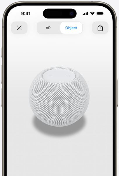HomePod สีขาวบนหน้าจอของ iPhone ในมุมมองแบบ AR