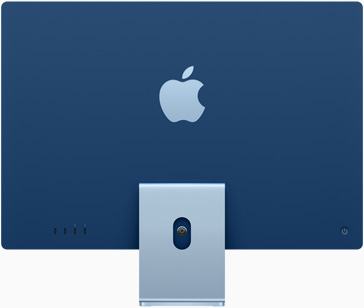 ด้านหลังของ iMac สีฟ้าที่มีโลโก้ Apple อยู่ตรงกลางเหนือฐานตั้ง