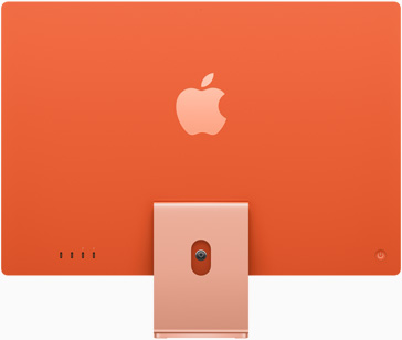 Parte posterior de una iMac naranja con el logo de Apple en el centro, sobre la base