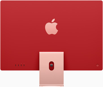 ด้านหลังของ iMac สีชมพูที่มีโลโก้ Apple อยู่ตรงกลางเหนือฐานตั้ง