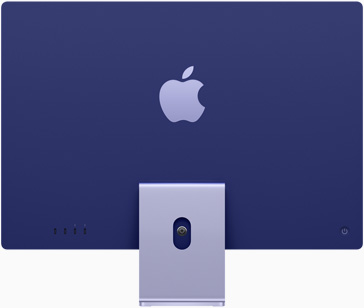 Parte de trás do iMac, com o logótipo da Apple ao centro acima do suporte, em roxo