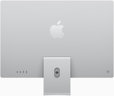ด้านหลังของ iMac สีเงินที่มีโลโก้ Apple อยู่ตรงกลางเหนือฐานตั้ง