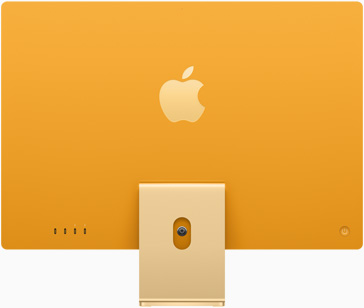 ด้านหลังของ iMac สีเหลืองที่มีโลโก้ Apple อยู่ตรงกลางเหนือฐานตั้ง