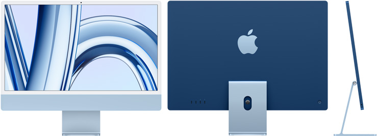 iMac zilā krāsā, skats no priekšpuses, aizmugures un sāniem