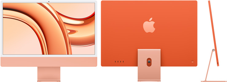 Vista anteriore, posteriore e laterale di un iMac arancione