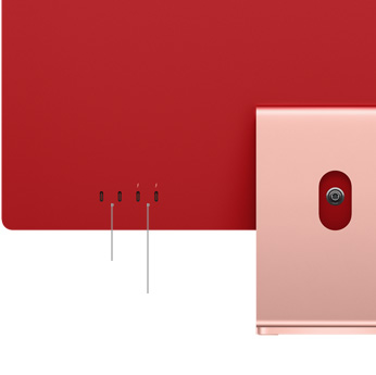 Cận cảnh hai cổng Thunderbolt/ USB 4 và hai cổng USB 3 trên iMac màu hồng