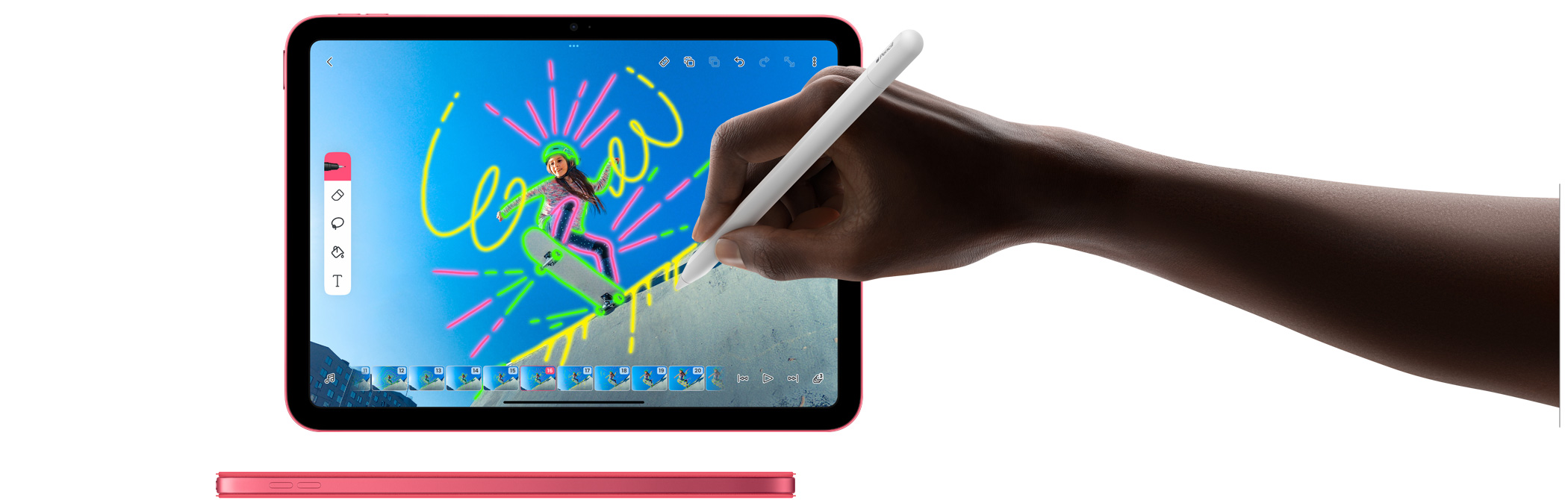 Používání Apple Pencilu v aplikaci FlipaClip a pohled z boku na růžový iPad s barevně sladěným krytem Smart Folio